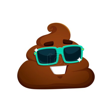 Cartoon poop emoji with sunglasses. Poo, shit or crap vector character, funny toilet excrement emoticon with happy smiling face. Isolated pile of brown poop emoji, cute dirty shit emoticon