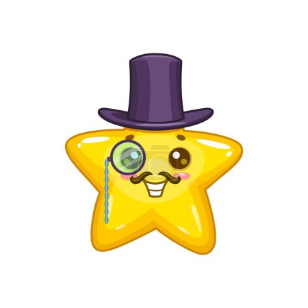 Illustration for Cartoon cute kawaii star and twinkle personage character dons monocle and top hat. Isolated vector charming mustached gentleman toon wear dapper accessories, exuding a whimsical celestial cosmic charm - Royalty Free Image