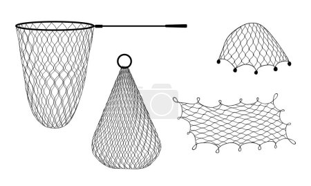Illustration for Fishing net and trap, trawl, fish tank and seine, vector fishery and fishing sport equipment. Fisherman rope mesh fishnet and sea water fish traps, hand scoop net and marine ship seine - Royalty Free Image