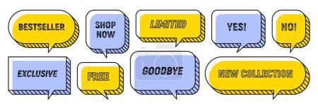 Illustration for Memphis speech bubbles isolated vector set. Yellow and Purple dialog clouds featuring bold colors and typography bestseller, shop now, exclusive, free, limited, goodbye, new collection, no and yes - Royalty Free Image