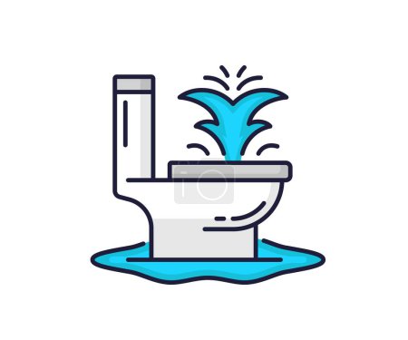 Illustration for Color plumbing service icon. Clogged toilet, pipe, bathroom problems. Plumbing service, house bathroom or toilet flood problem, sewage maintenance and repair linear vector icon with leaking toilet - Royalty Free Image