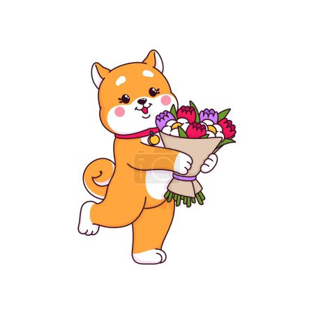 Ilustración de Dibujos animados japoneses feliz Shiba Inu cachorro perro personajes, lindo personaje de la mascota kawaii. Divertido perro japonés pequeño, mascota linda animal, Shiba Inu aislado vector personaje cómico con flores ramo - Imagen libre de derechos