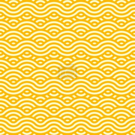 Illustration for Ramen noodle pasta seamless pattern background. Vector tile featuring enticing, delectably intertwined macaroni or spaghetti strands in yellow colors, forming an appetizing and visually pleasing waves - Royalty Free Image