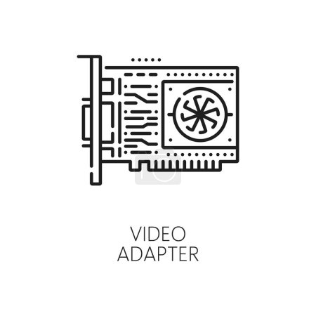 Illustration for Video adapter GPU line icon of computer hardware, vector outline symbol. PC or laptop video graphic card, VGA display adapter linear pictogram for computer hardware installation instructions or repair - Royalty Free Image