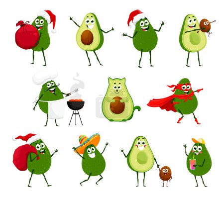 Zeichentrick-Avocado-Charaktere Vektor-Set. Weihnachtsmann mit Geschenktüte, Avocat-Tier, Mariachi im Sombrero, Superheld, Chefkoch Grillgerichte. Eltern mit Baby-Samen, Junge mit Mütze trinkt Cocktail