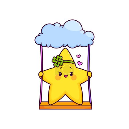 Illustration for Cartoon cute funny kawaii star and twinkle character swings joyfully on the heaven teeterboard with cloud. Isolated vector toon radiating charm with its adorable expression on the celestial playground - Royalty Free Image