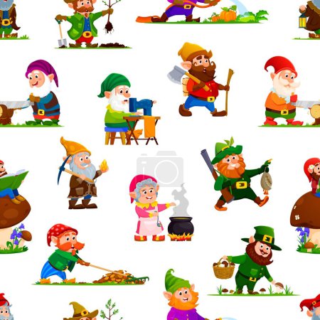 Illustration for Cartoon gnome or dwarf characters seamless pattern, vector background for kids. Cute village gnome workers pattern, dwarf farmer in garden, cooking or sewing, gnome hunter with lumberjack and miner - Royalty Free Image