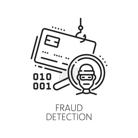 Illustration for Online fraud, cryptocurrency fintech, online payment safety line icon. Online payment safety, Internet fraud and bank account security line vector symbol with thief, credit card and fishing hook - Royalty Free Image