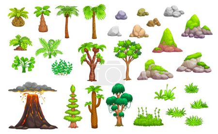 Illustration for Jungle and jurassic period environment game assets, vector UI. Prehistoric nature landscape elements with cartoon tropical forest palms and trees, plants and grass, erupting volcano, lava and smoke - Royalty Free Image