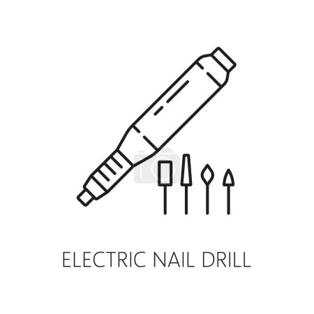 Illustration for Nail manicure service icon of electric nail drill, hands care and beauty tools, line vector. Manicure and nail care or treatment device of electric drill for fingernails, thin outline pictogram - Royalty Free Image