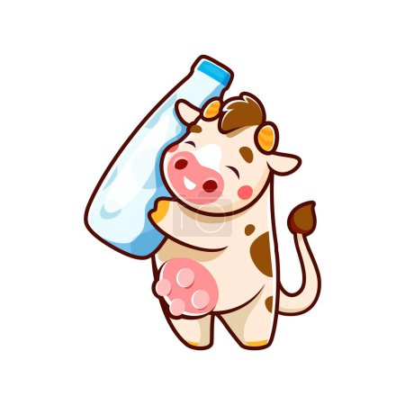 Téléchargez les illustrations : Drôle de personnage de dessin animé de vache avec bouteille de lait. Boeuf mascotte heureuse, bétail animal personnage drôle ou taureau personnage vecteur isolé comique. Mascotte ou personnage de bébé vache avec des produits laitiers au yaourt - en licence libre de droit