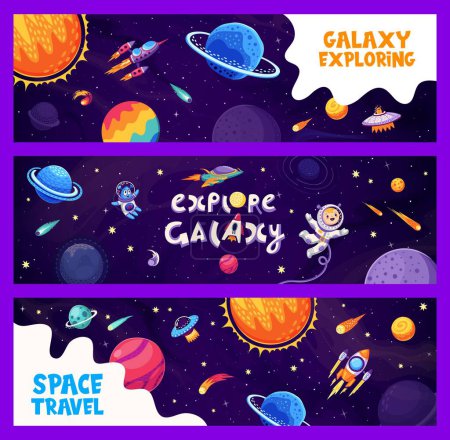 Illustration for Galaxy space banners with kid astronaut and alien UFO in galaxy planets, vector backgrounds. Cartoon outer space with rocket spaceship, asteroids and comets and planets in starry galactic sky - Royalty Free Image