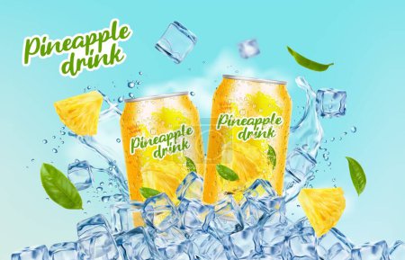 Ice pineapple drink can. Pineapple fruit and tea leaves, ice cubes and splash. Realistic 3d vector promo poster. Tropical juice for quenching thirst in hot day. Refreshing flavorful soda beverage ads