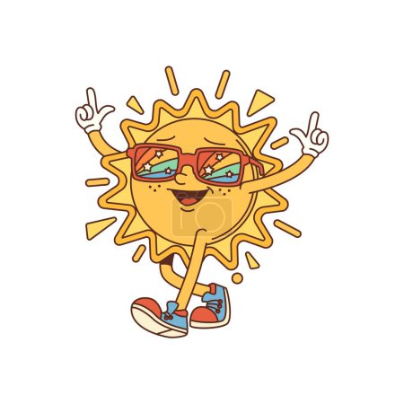 Groovy rétro soleil comique personnage de bande dessinée. Personnage drôle de soleil Hippie, autocollant de mascotte gai groovy ou personnage heureux vecteur isolé des années 60. Personnage étoile brillante vintage marchant dans des lunettes de soleil