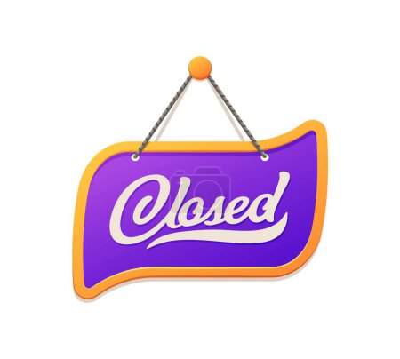 Illustration for Closed sign for shop or store door, notice signboard hanging on pin, vector banner. Purple lilac sign with Closed information text for shop opening hours signboard background in frame - Royalty Free Image