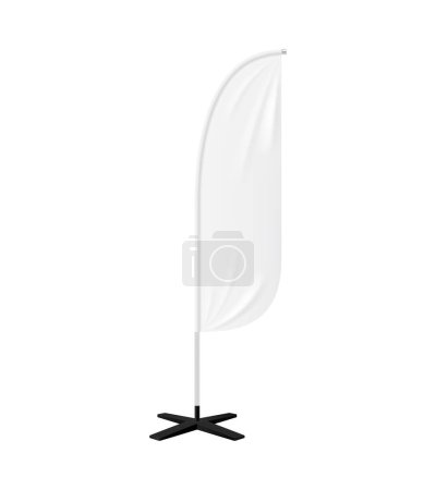 Illustration for Realistic beach flag, banner stand. Isolated 3d vector bowflag, portable blank display solution for outdoor events. Its tall, feather-like design provides visibility and branding in beach settings - Royalty Free Image