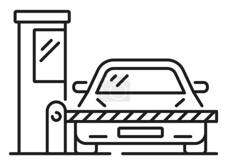 Illustration for Auto garage service and parking thin line icon. Automobile public parking area, vehicle park zone or transport garage service place line vector symbol with car waiting, behind parking gate barrier - Royalty Free Image