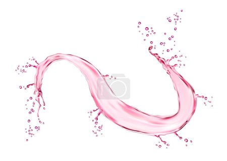 Illustration for Realistic pink water swirl splash with drops splatter for fruit juice or wine drink, isolated vector. Crystal pure sparkling splash wave of pink wine or fruit juice in twirl flow of spill pour - Royalty Free Image