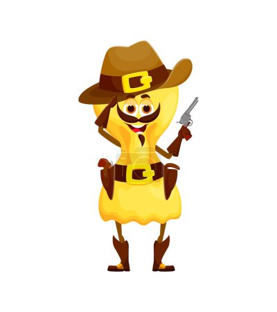 Cartoon Italian pasta cowboy with revolver gun in sheriff sombrero, vector character. Farfalle pasta as Western bandit robber or Wild West ranger cowboy in boots with bandoleer, funny pasta personage