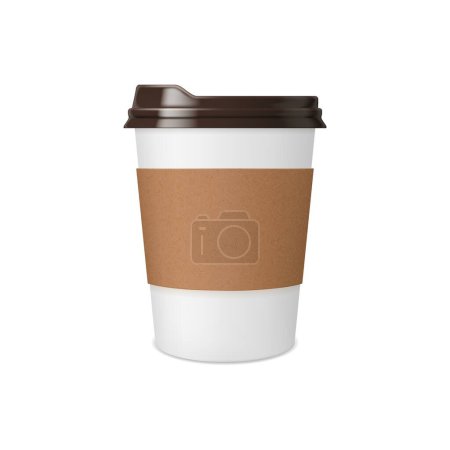 Illustration for Coffee cup of paper or mug cardboard realistic mockup, vector plastic package with lid. Disposable takeaway coffee cup or white mug for hot drinks with brown plastic sip lid and carton holder - Royalty Free Image
