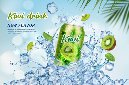 Illustration for Kiwi drink can. Kiwi fruit and ice cubes with splash and palm leaves. Promo background with realistic tin bottle with summer beverage for a delightful and thirst-quenching experience on a sunny day - Royalty Free Image
