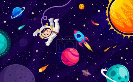 Ilustración de Un astronauta de dibujos animados en el espacio exterior cerca de cohetes y estrellas del planeta galaxia. Viaje espacial, exploración de galaxias aventura de dibujos animados vector telón de fondo con divertido niño astronauta, cohetes y planetas del sistema solar - Imagen libre de derechos