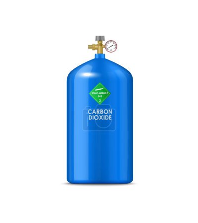 Téléchargez les illustrations : Bouteille de gaz réaliste avec dioxyde de carbone, ballon en métal comprimé. Vecteur isolé bleu, récipient durable rempli de CO2 non inflammable, adapté à des fins industrielles ou médicales - en licence libre de droit