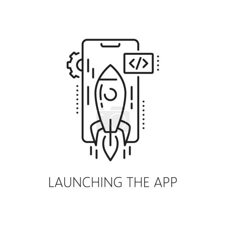 Illustration for Launching the app, web app develop and optimization icon. Mobile application launch or service development outline pictogram, web network software testing thin line vector icon with taking off rocket - Royalty Free Image