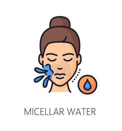 Ilustración de Micellar water for face clean, color line icon for cosmetology and skincare, outline vector. Icono de cosméticos de limpieza y tratamiento facial de agua micelar para la belleza de la mujer y el cuidado de la piel de la cara - Imagen libre de derechos