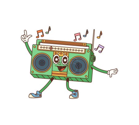 Illustration for Groovy retro tape recorder cartoon character. Hippie happy character, vintage cheerful boombox personage or retro funny music player isolated vector sticker. Cute dancing tape recorder 60s mascot - Royalty Free Image