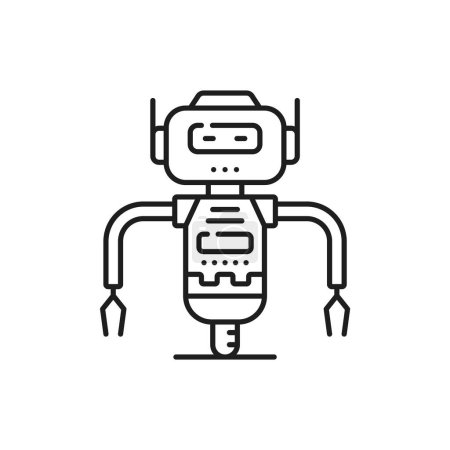 Illustration for Robot or droid on wheel line and outline icon. Industry future machine humanoid droid outline symbol, virtual assistant or AI chatbot, robotic technology android with claws and wheel line vector icon - Royalty Free Image
