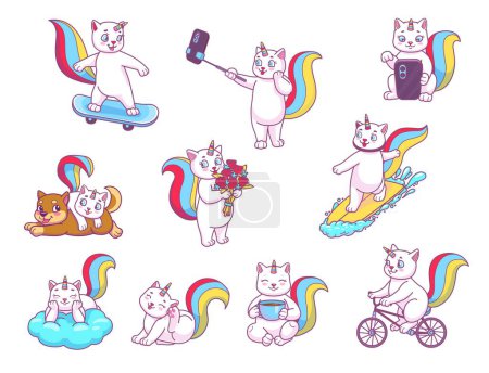 Ilustración de Dibujos animados lindo gato caticorn y gatito personajes, animales de compañía kawaii vector personajes. Divertidos gatos unicornio montar en bicicleta y monopatín, jugando con un amigo, haciendo selfie y mensajes de texto a través del teléfono móvil - Imagen libre de derechos