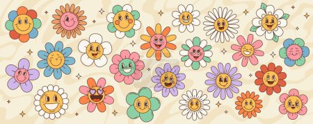 Illustration for Retro hippie groovy daisy sunflower cute happy flower characters with faces vector background. Cartoon psychedelic floral pattern of funny chamomile personages with pink heart shaped sunglasses - Royalty Free Image