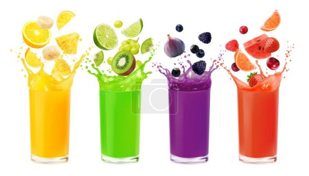 Illustration for Fruit juice glasses with splashes of fruits and berries mix, realistic vector. Orange, strawberry, raspberry and cherry, kiwi, grapes and banana, fruits and berries falling in glass cup with splash - Royalty Free Image