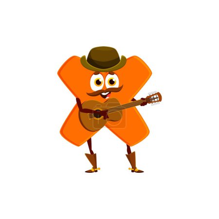 Cartoon cowboy, sheriff, and robber multiplication math symbol character plucking tunes on a guitar. Isolated vector whimsical stockrider personage adds a numerical twist to the Wild West adventures