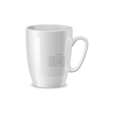 Ilustración de Taza de café de cerámica blanca realista y taza de té, vajilla maqueta. Vector aislado en blanco, diseño 3D personalizable, plantilla versátil para mostrar productos, presentaciones promocionales e identidad de marca - Imagen libre de derechos
