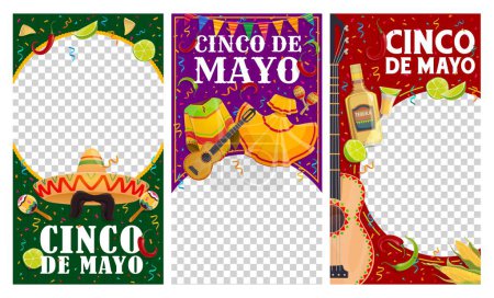 Ilustración de Cinco de Mayo Fiesta mexicana para banners de plantillas de redes sociales, marco vectorial y fondo. Cinco de Mayo banderas de fiesta con sombrero y bigotes, guitarra y maracas, poncho y tequila - Imagen libre de derechos