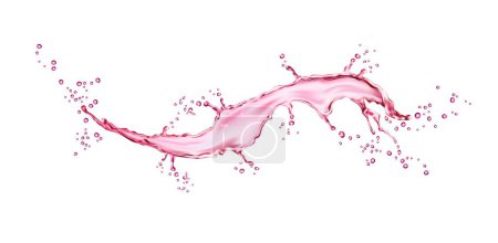 Ilustración de Salpicaduras realistas de agua rosada, zumo u ola de vino con gotas salpicadas. Explosión de agua transparente rosa vectorial en flujo de onda larga o derrame para bebida de jugo de fruta o jarabe de bayas dulces - Imagen libre de derechos
