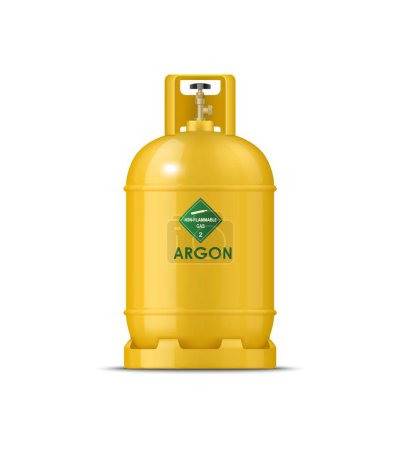 Realistic argon gas metal cylinder. Isolated vector sturdy yellow tank stores non-flammable inert gas used in welding and manufacturing processes, essential for shielding metals from oxidation