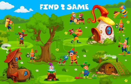 Illustration for Find two same cartoon garden gnome or dwarf character kids game worksheet. Vector educational children riddle with funny leprechauns, hobbits or goblins doing daily activities in village with houses - Royalty Free Image