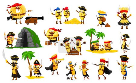 Illustration for Cartoon funny italian pasta pirate and corsair characters, vector Italy macaroni food. Cute noodle, gnocchi, vermicelli and papardelle, cavatelli, radioatore and paccheri personages with pirate hats - Royalty Free Image