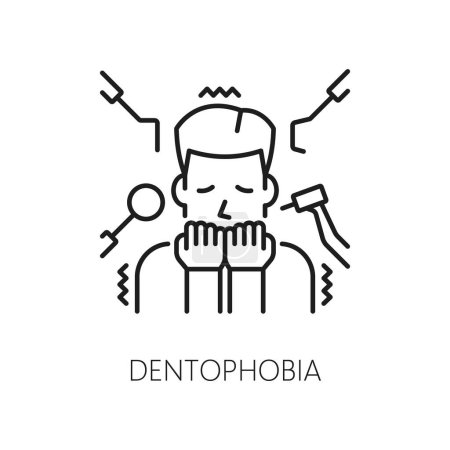 Human dentophobia phobia icon, mental health. Fear of dentist, people psychology problem, mental disorder thin line vector icon or outline pictogram with man scared of dentist tools