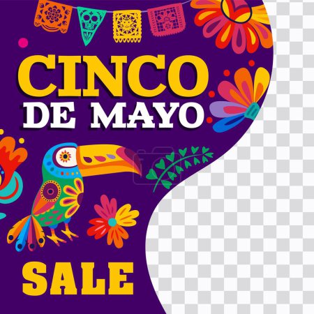 Illustration for Cinco de Mayo mexican holiday sale banner vector template. Mexico toucan bird, tropical flowers and paper picado paper cut flags garland layout of special offer web post on transparent background - Royalty Free Image