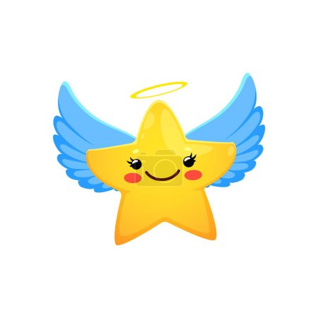 Ilustración de Caricatura lindo personaje estrella kawaii con alas de ángel y halo. Personaje vectorial de pequeño brillo mágico con cara feliz y sonrisa alegre. Emoticono ángel del espacio y emoji estrella santa con rayos brillantes - Imagen libre de derechos