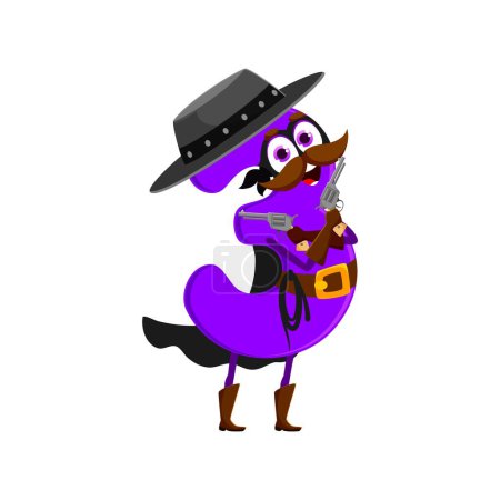 Cartoon cowboy and robber math number three character brandishes guns with a numerical flair. Isolated vector adventurous, wild-west criminal personage in black mask and cape ready for fun games
