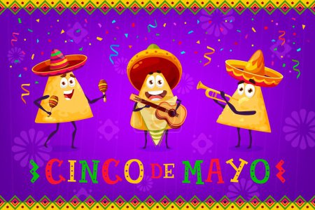Téléchargez les illustrations : Chip de nachos mexicain mariachi personnages musiciens sur Cinco de Mayo bannière de célébration de vacances. Carnaval mexicain, affiche vectorielle Cinco de Mayo avec des nachos personnage drôle jouant sur des instruments de musique - en licence libre de droit