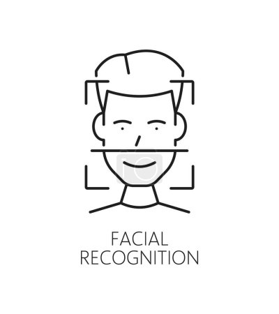 Ilustración de Reconocimiento facial, identificación biométrica o icono de verificación. Signo lineal vectorial aislado, que simboliza la tecnología avanzada que analiza e identifica a los individuos basados en características faciales únicas - Imagen libre de derechos
