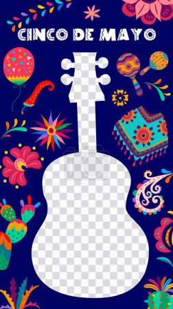 Téléchargez les illustrations : Cinco de Mayo modèle de médias sociaux mexicain de vacances. Cadre vectoriel en forme de guitare de fiesta mexicaine avec fleurs tropicales, cactus, maracas et poncho, piment et fond de ballon - en licence libre de droit