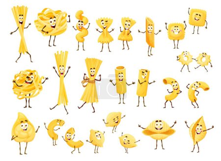 Illustration for Cartoon pasta characters, Italian cuisine macaroni with funny cute smiling faces, vector happy food. Italian pasta cartoon characters of spaghetti, penne and fusilli with farfalle and ravioli for kids - Royalty Free Image