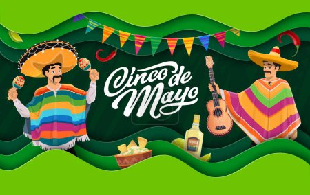 Illustration for Cinco De Mayo paper cut banner with Mexicans and holiday cuisine, papercut vector. Cinco De Mayo holiday fiesta men in sombrero and poncho with guitar, maracas and tequila with guacamole - Royalty Free Image